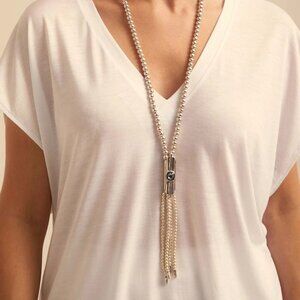 Uno De 50 Statement Waterfalls Necklace Crystal Beaded Tassel Lariat Silver